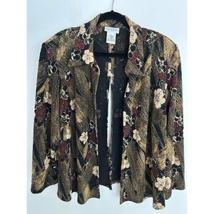 K & Company Woman Metallic Floral Button Front Shirt Gold Black slit back 22W